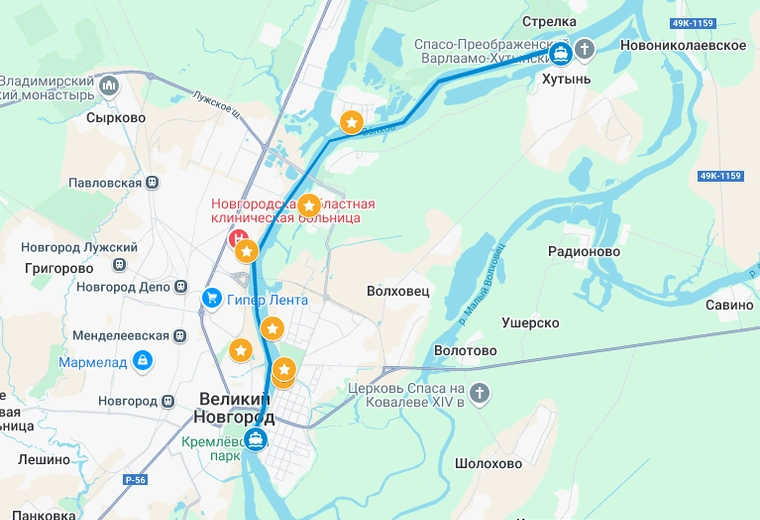 Карта маршрута Варлаамо - Хутынский монастырь